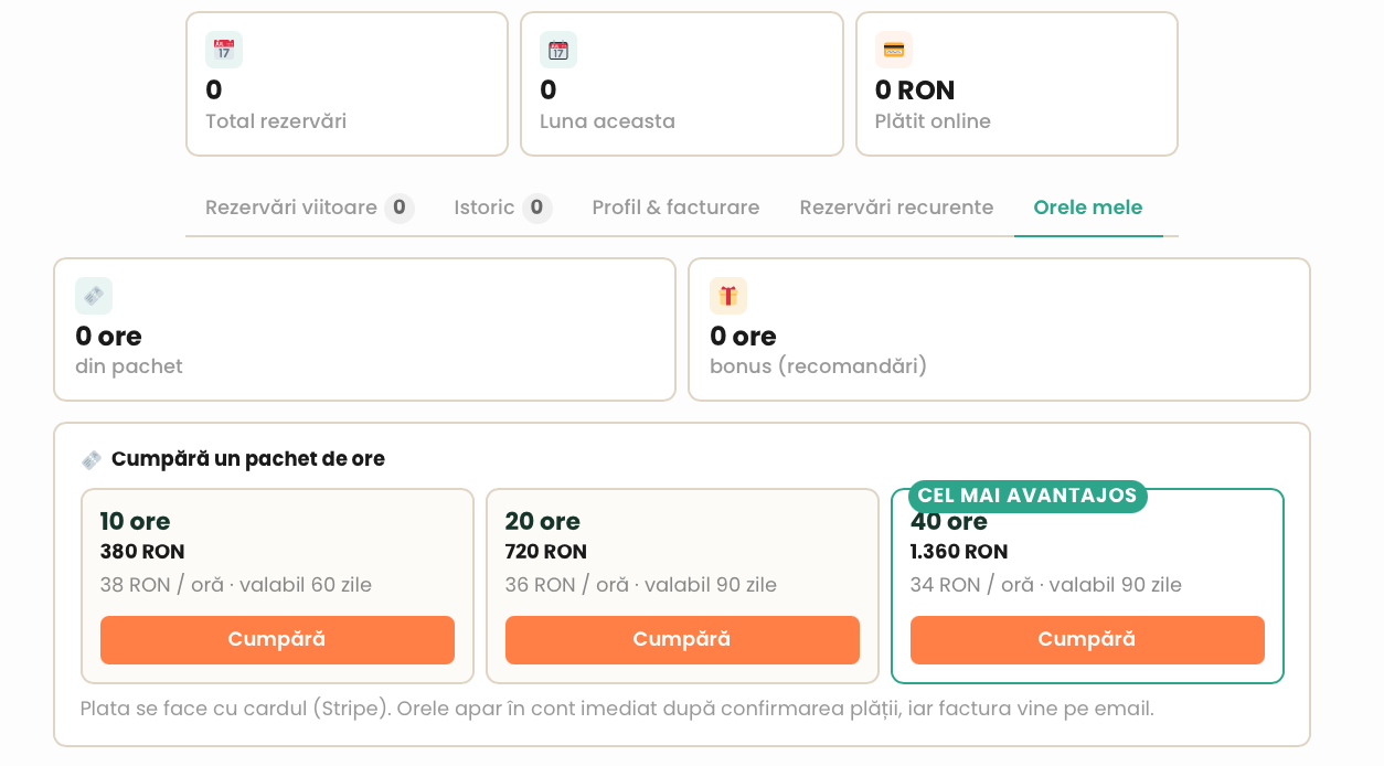 Pachetele de ore disponibile în contul terapeutului pe inlighthub.ro